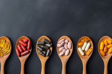top view of antioxidants vitamin pills drug capsule generative AI - obrazy, fototapety, plakaty