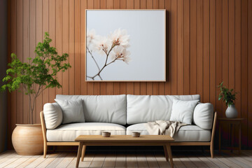 Infuse your living space with your personal touch. Picture an empty frame in a simple living room mockup, providing a canvas for your creativity to shine in a serene and minimalist environment.