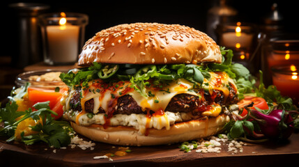 Cheese burger - American cheese burger with fresh salad on wooden background.