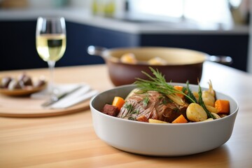 pot roast set for dining with wine and dinnerware - obrazy, fototapety, plakaty