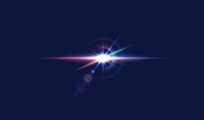 Bright light flash burst realistic vector illustration. Sparkling star in open space 3d element on dark blue background. Fantasy art design