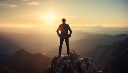 Businessman on top of the mountain, on the peak of high rocks, feel free and success.