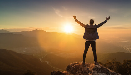 Businessman on top of the mountain, on the peak of high rocks, feel free and success.