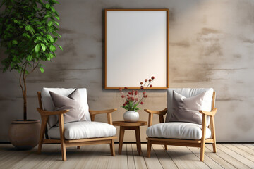 Picture a minimalist retreat for your creativity. See an empty frame in a simple living room mockup, providing an elegant space to showcase your personal touch.