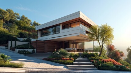 Modern house on hill, in forest with pond, water pool, garage, cozy wood terrace, in the style of white walls and glass, sunny afternoon, Bird's eye, full, view, agave espadin 