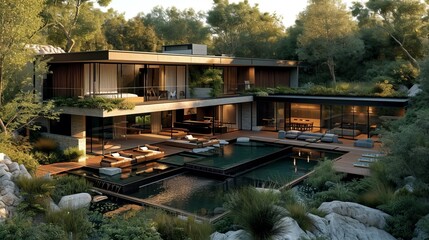 Modern house on hill, in forest with pond, water pool, garage, cozy wood terrace, in the style of white walls and glass, sunny afternoon, Bird's eye, full, view, agave espadin 