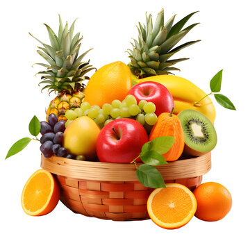 cesta de palha com mamão, melancia, abacaxi, manga, caju e goiaba isolado em fundo transparente - cesta de vime com frutas tropicais frescas on png background.