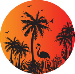 Blank white T-shirt template.Beautiful sunset in summer illustration vector.California Ocean side stylish t-shirt and apparel trendy design with palm trees silhouettes, typography, print, vector illus