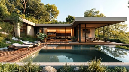 Modern house on hill, in forest with pond, water pool, garage, cozy wood terrace, in the style of...