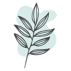Outline Leaves isolated on turquoise background. Branch in Linear art with the addition of colored Spots. Vector Line Floral illustration for Botany Wall Decoration, Greeting Postcard, Graphic Print.
