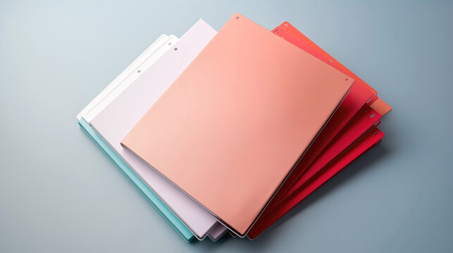 Development of corporate identity. A table with a stack of office folders with different colors. Image for advertising and presentation of stationery products. Pastel color combinations.