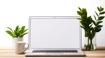 Image for presentation. Laptop with white screen. Mockup for advertising websites and landing pages. Glass container with water and plant petals. Wooden table, bright background.