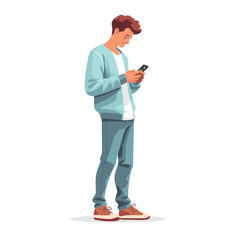 A man is looking at his phone , full-length on a white background, flat illustration