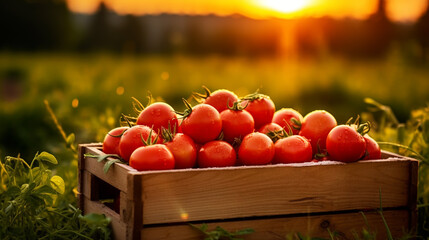 Red tomatoes lie in wooden box on green grass backlit by sunlight. Concept of harvesting your own vegetable garden for harvesting for the winter