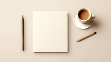 Development of corporate identity. Table with a notebook. Pen and pencil, blank sheets. Image for...