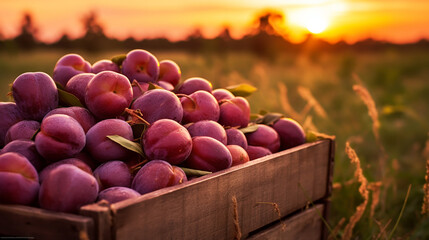 a wooden box with a harvest of plums stands on a green lawn, gardening, space for text