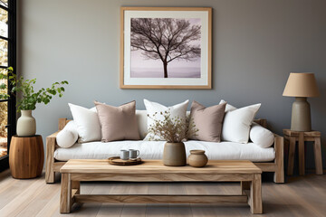 Picture a tranquil modern farmhouse living room featuring a rustic sofa adorned with white cushions, placed next to an accent end table against a soothing beige wall. 