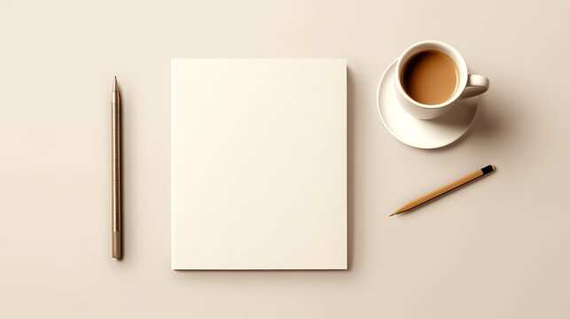Development of corporate identity. Table with a notebook. Pen and pencil, blank sheets. Image for advertising and presentation of stationery products. Pastel color combinations.