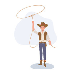 Wild West Character Design. Full length Cowboy with Lasso. Flat vector cartoon character illustration.