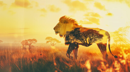 Double exposure effect of an african lion standing in the savanna