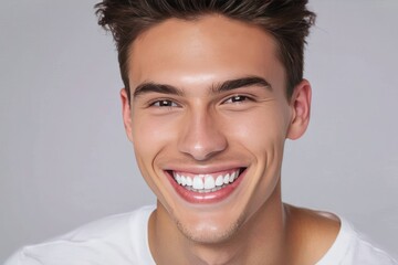 Portrait beautiful young model man with white teeth smile on grey background. Generative AI