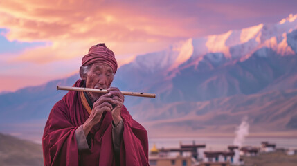 Fototapeta premium Andean male musician playing a pan flute outdoor - Model by AI generative - Soft focus on face