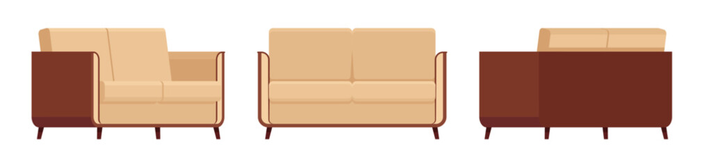 Small couch, loveseat fabric sofa set in brown, beige. Upholstery for living room, dorm, family apartment, studio. Vector flat style cartoon home, office furniture objects isolated on white background