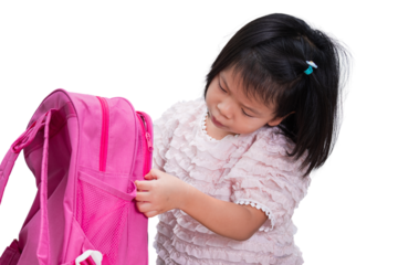 Asian Child Girl Packing Pink Bag, First Day of School, Organizing Class Schedule, Black to School, on Isolated Background.