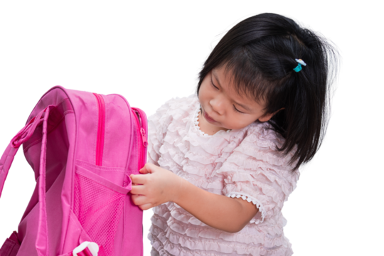 Asian Child Girl Packing Pink Bag, First Day of School, Organizing Class Schedule, Black to School, on Isolated Background.