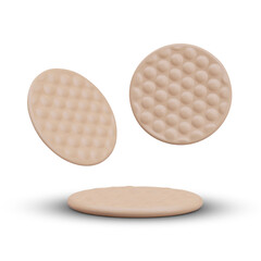 Beige puffs for removing and applying makeup. Set of round sponges in different positions. 3D colored isolated illustration. Face care concept. Templates for advertising cosmetics