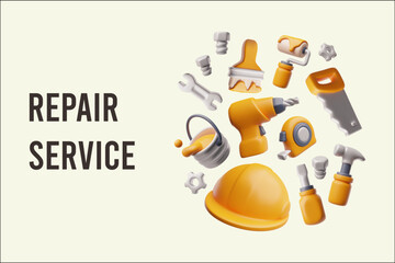 Repair service banner, tools and supplies 3D orange vector design construction worker equipment render hardware workshop
