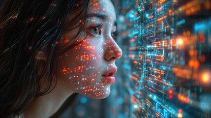 woman is looking at a graphical pattern with code computer on her face staring out at data