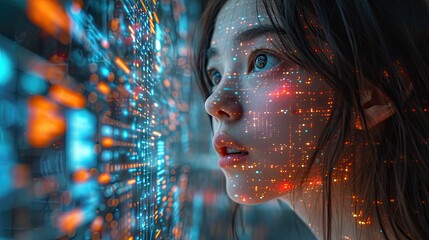 woman is looking at a graphical pattern with code computer on her face staring out at data - obrazy, fototapety, plakaty