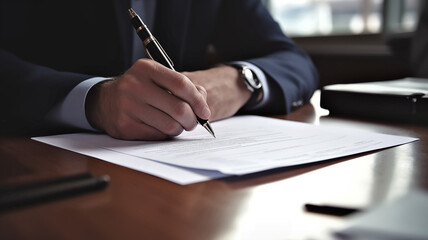 Close-up of male hands with pen over document, businessman signing a deal