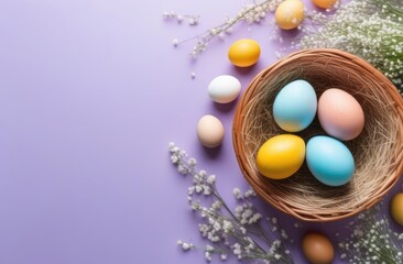 Happy Easter composition. Easter eggs in basket on grey background. Colorful eggs background top view with copy space.