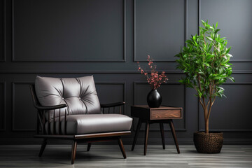 Relax in sophistication on a dark color single sofa chair paired with a cute little plant, against a refined solid wall featuring a blank empty frame for your creative touch.