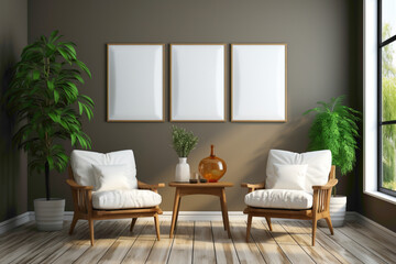 Set the scene for relaxation with two chairs, a table, and a cute little plant against a simple solid wall, accentuated by a blank empty white frame for customization.