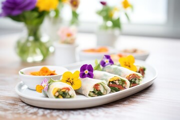 variety of veggie wraps with edible flowers on a porcelain tray