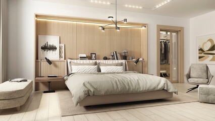 Modern and spacious bedroom in Japadi style - a combination of Scandinavian and Japanese design. The bright interior combines muted beiges, browns with wood. 3D illustration