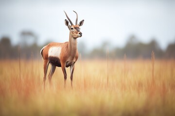 lone roan antelope standing alert on savannah - obrazy, fototapety, plakaty