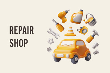 Repair shop concept, colorful volumetric 3d vector illustration on banner