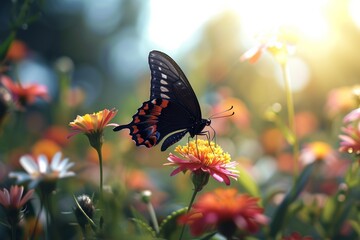 Fototapeta premium One butterfly delicately perched on a blooming flower its vibrant wings capturing the intricate details of nature's artistry in a sunlit garden