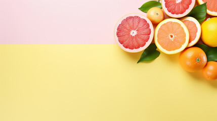 top view of orange grapefour and lemon citrus fruits with herbs on dark background