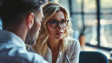 Fototapeta premium A blonde and a man are having a focused business conversation in a well-lit office.