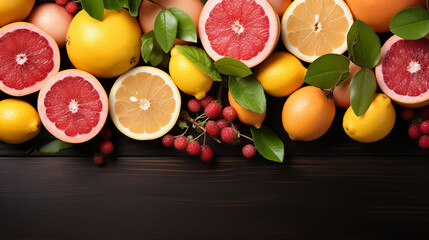top view of orange grapefour and lemon citrus fruits with herbs on dark background - obrazy, fototapety, plakaty