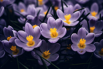 Purple crocus flowers with yellow stamens, in the style of vintage aesthetics, moody colors,...