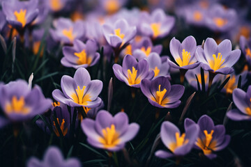 Obraz na płótnie Canvas Purple crocus flowers with yellow stamens, in the style of vintage aesthetics, moody colors, fujifilm provia 400x, light indigo, naturalistic poses, close up, lush and detailed