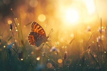 One butterfly in a sunlit meadow its wings casting a soft shadow on the grass below capturing the...