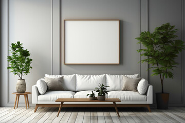 Step into a realm of design possibilities. Envision a simple living room mockup featuring an empty frame, ready to host your creative expressions against the backdrop of understated elegance.