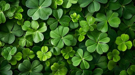Green background with three-leaved shamrocks, Lucky Irish Four Leaf Clover in the Field for St. Patrick's Day holiday symbol.